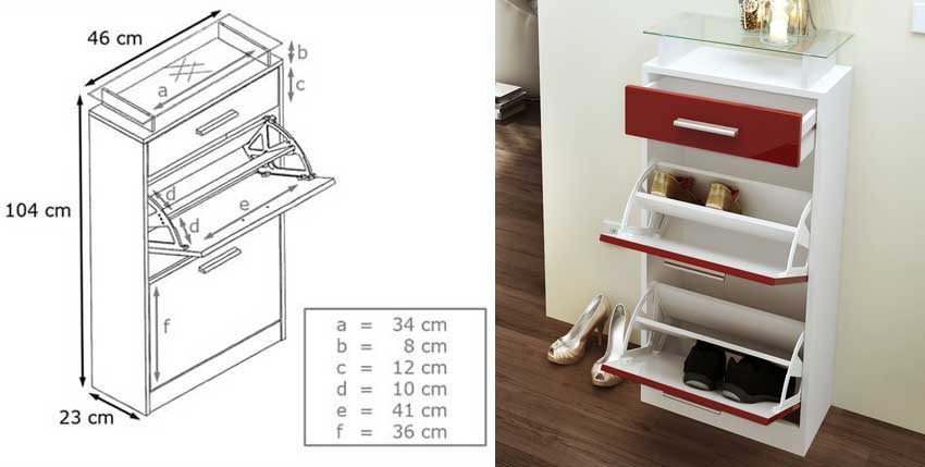 détail et mesure du meuble à chaussures design